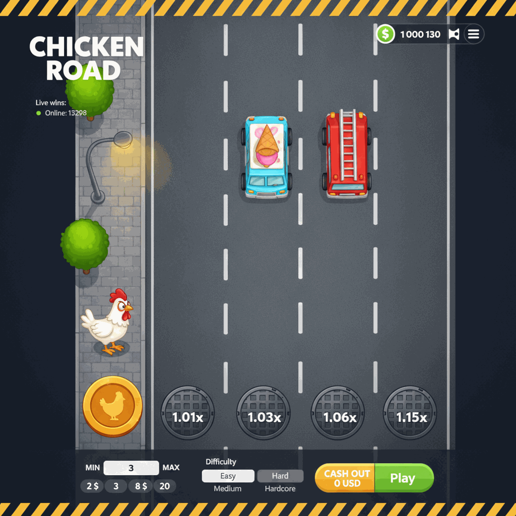 Schermata di gioco Chicken Road che mostra un pollo cartoon bianco che attraversa una strada multi-corsia vista dall'alto con corsie grigie separate da linee tratteggiate, moltiplicatori visualizzati su tombini rotondi in ogni corsia, automobili colorate che rappresentano pericoli, e un'interfaccia di gioco con pannello di controllo delle puntate in basso