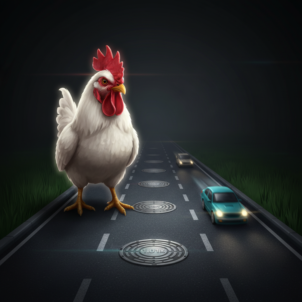 Chicken Road 2.0 anteprima del gioco crash con la strada scura, il pollo bianco con cresta rossa e le auto in movimento sulle corsie